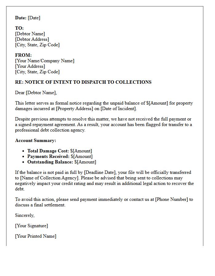 Property Damage Notice Letter Of Account Sent To Collections