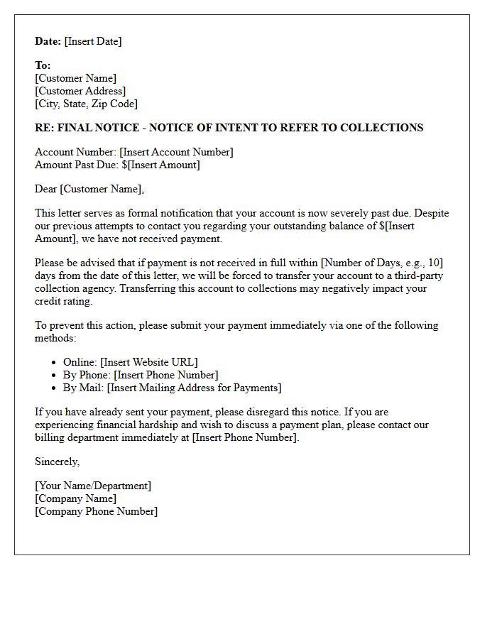 Standard Notice Letter Of Account Sent To Collections
