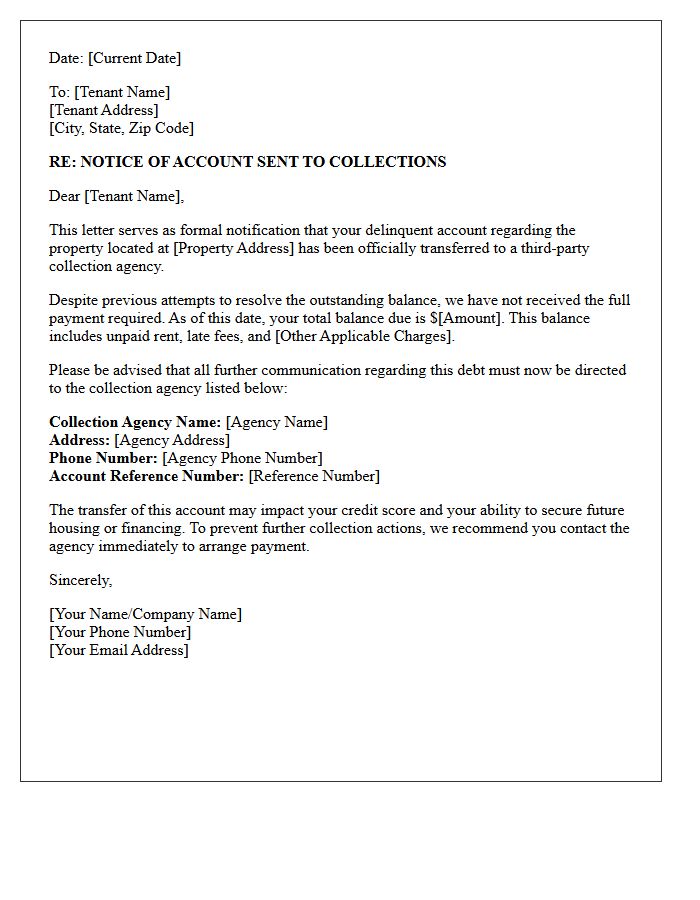 Unpaid Rent Notice Letter Of Account Sent To Collections