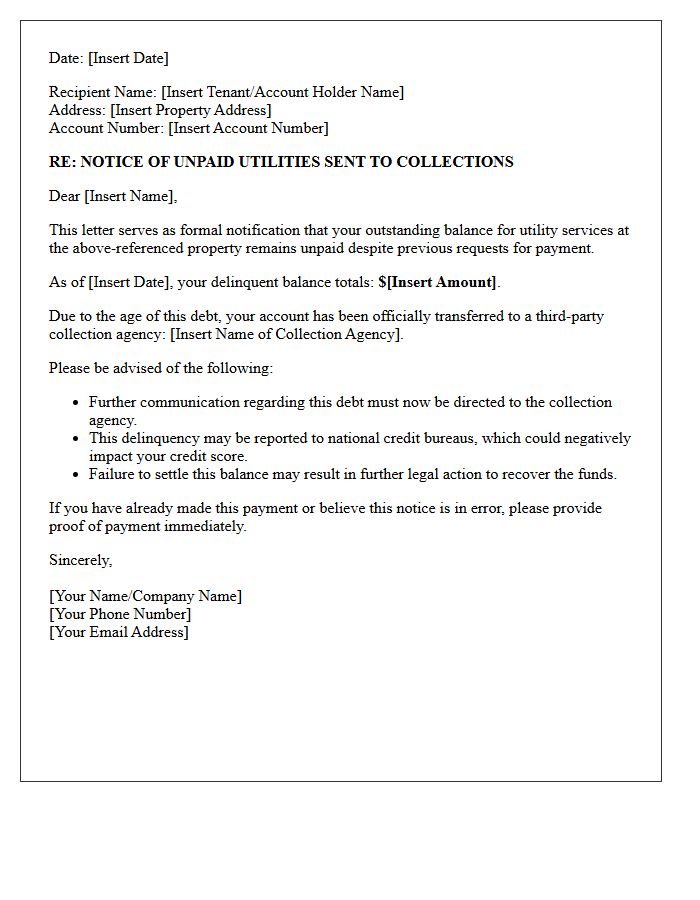 Unpaid Utilities Notice Letter Of Account Sent To Collections