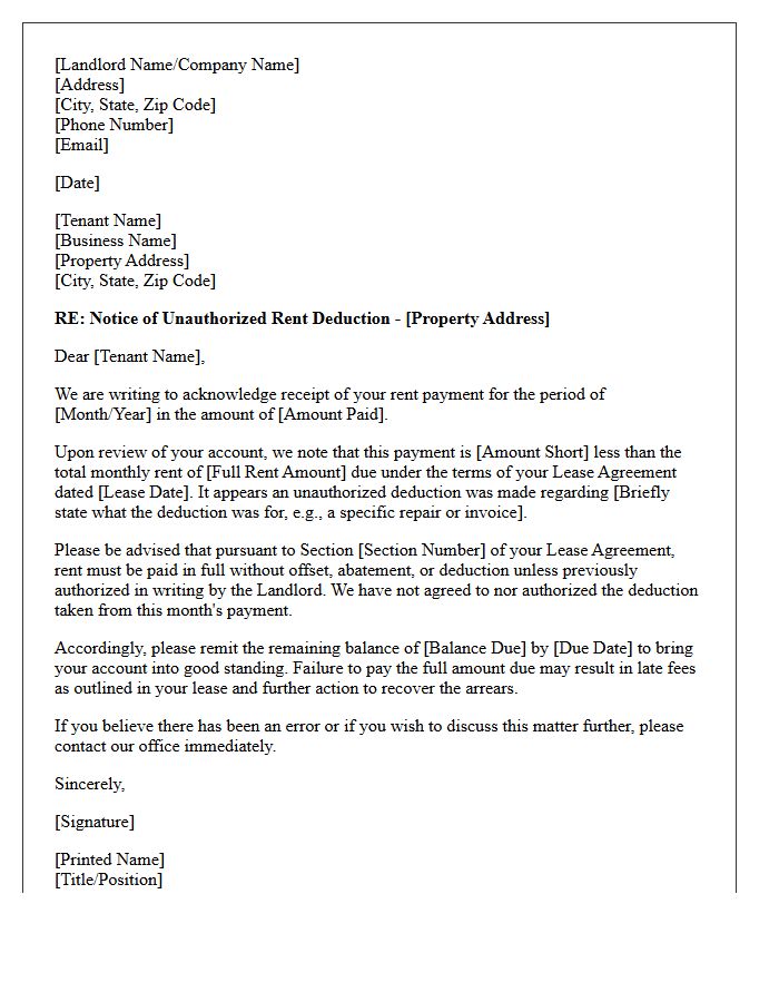Commercial Property Unauthorized Rent Deduction Letter