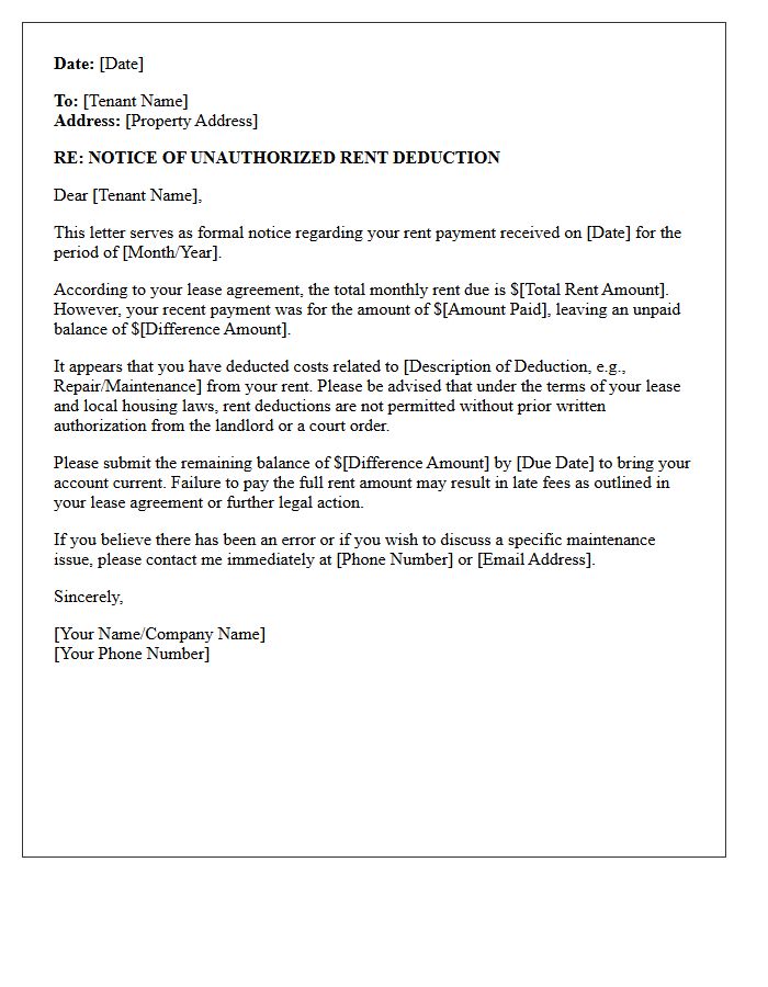 First Notice of Unauthorized Rent Deduction Letter