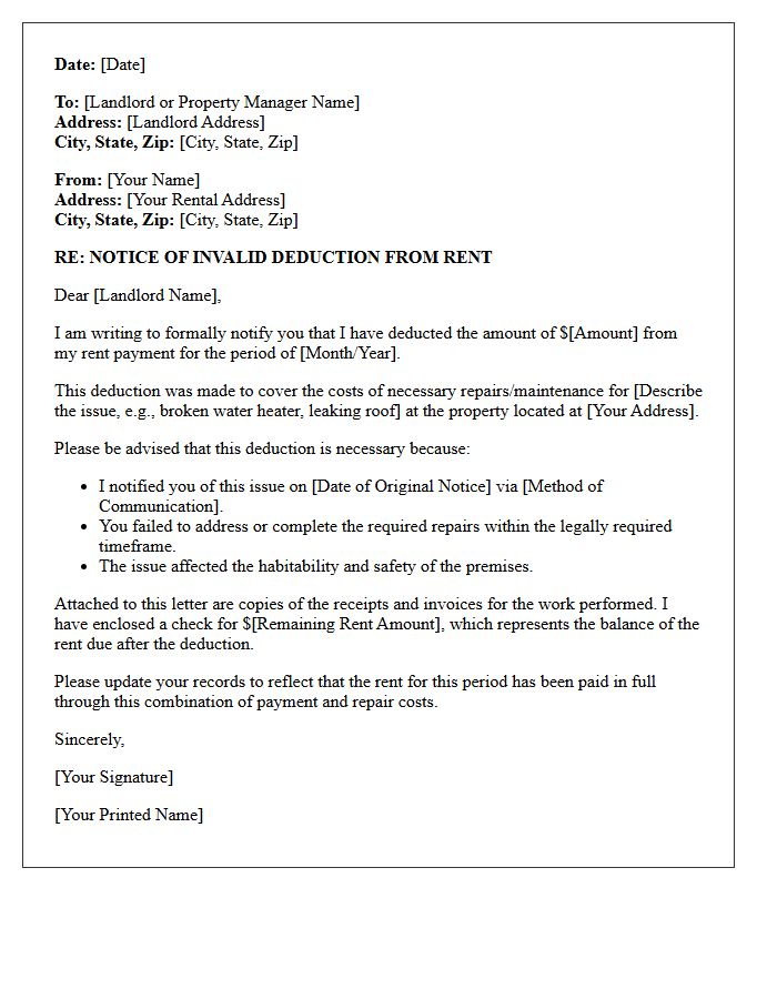 Letter of Notice for Invalid Maintenance Deduction From Rent