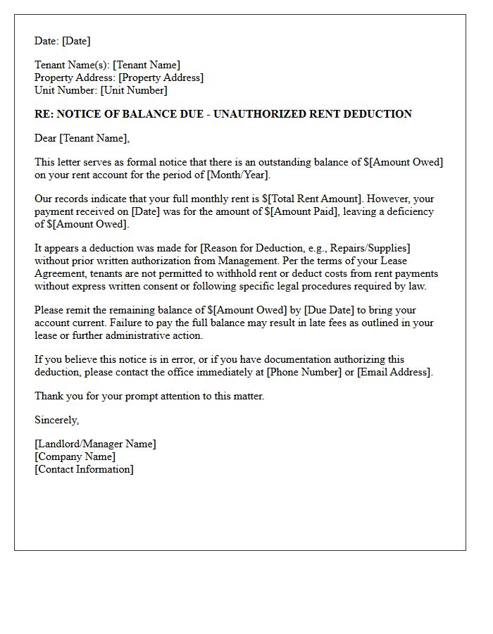 Notice of Balance Due From Unauthorized Rent Deduction Letter