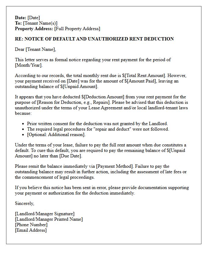 Notice of Default and Unauthorized Rent Deduction Letter