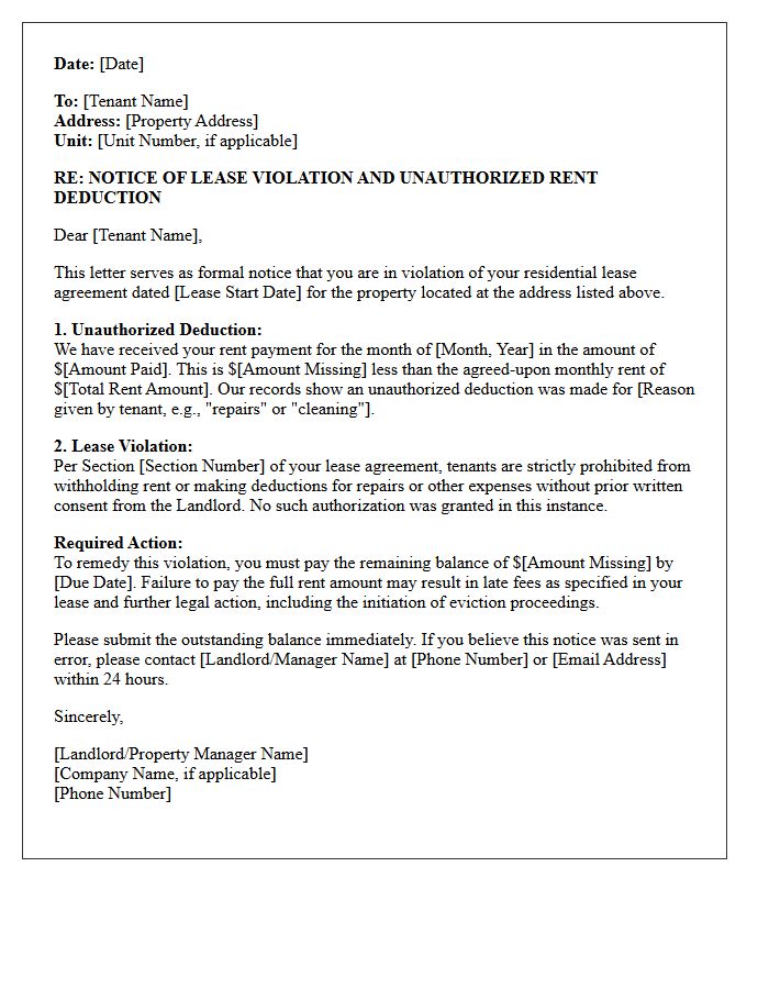 Notice of Lease Violation and Unauthorized Deduction Letter
