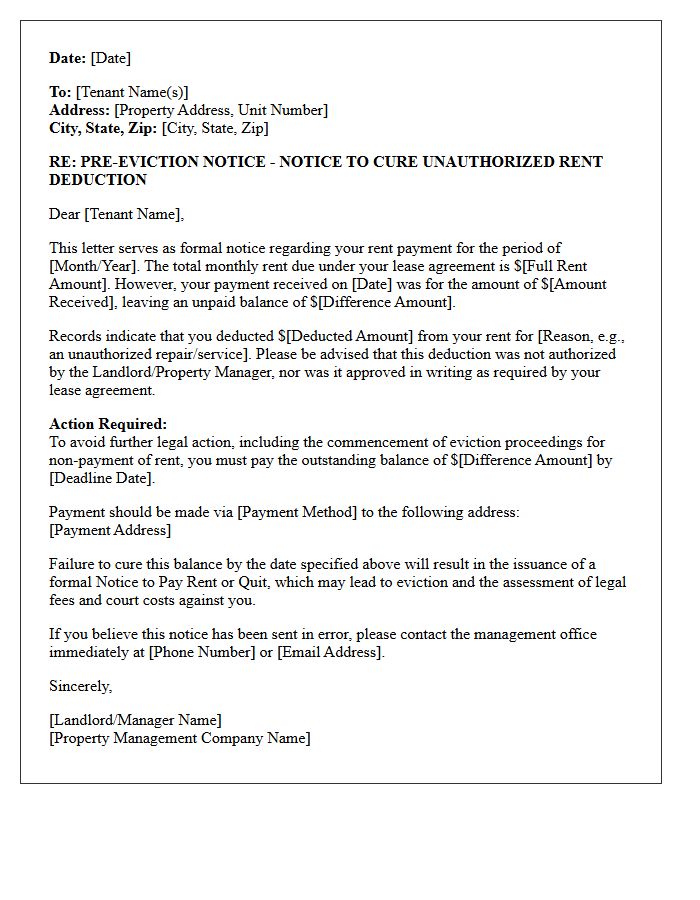 Pre-Eviction Notice Letter for Unauthorized Rent Deduction