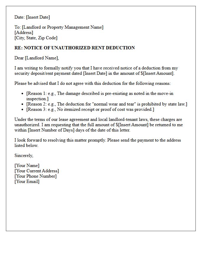 Residential Lease Unauthorized Deduction Notice Letter