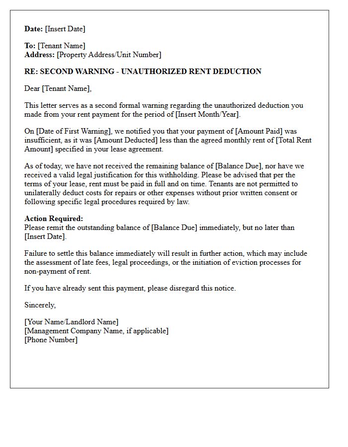 Second Warning Letter for Unauthorized Rent Deduction