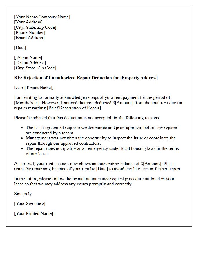 Unauthorized Repair Deduction Rejection Letter
