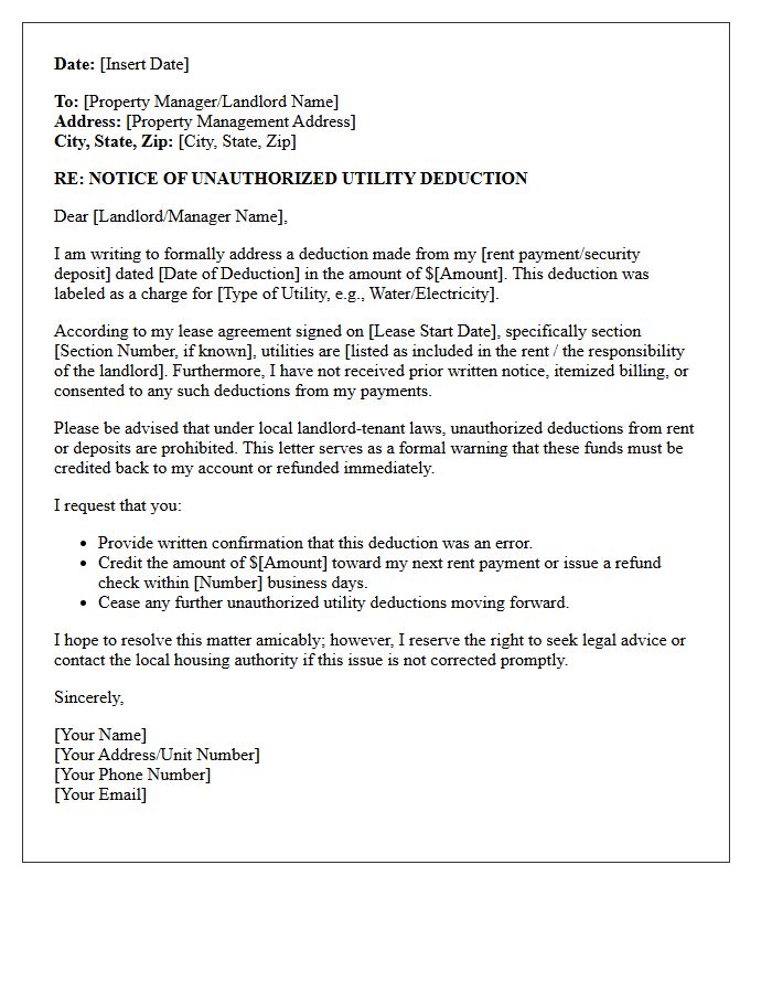 Unauthorized Utility Deduction Warning Letter