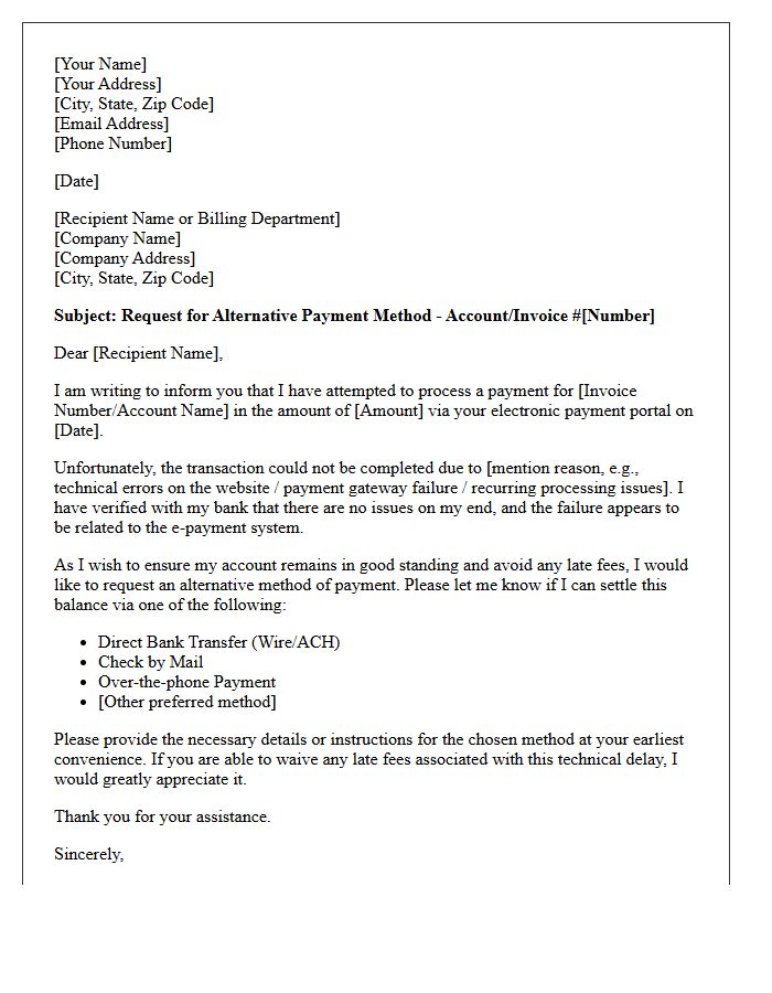 Alternative Payment Method Request Letter Following E-Payment Failure