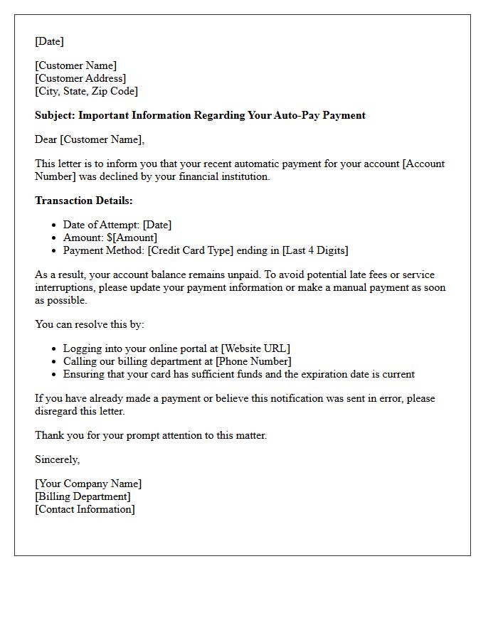 Auto-Pay Credit Card Decline Notification Letter