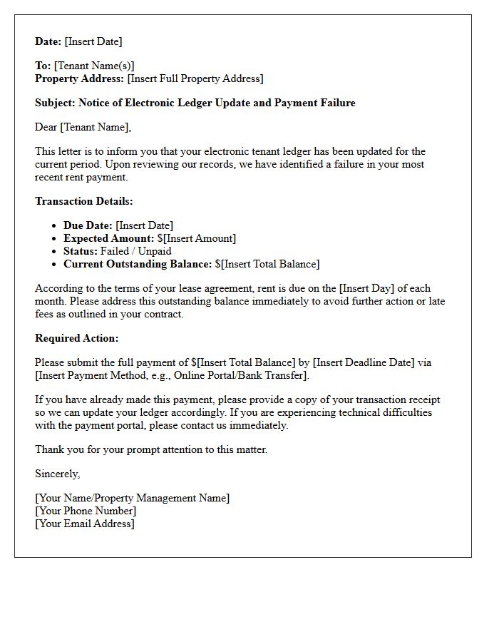 Electronic Tenant Ledger Update and Payment Failure Letter