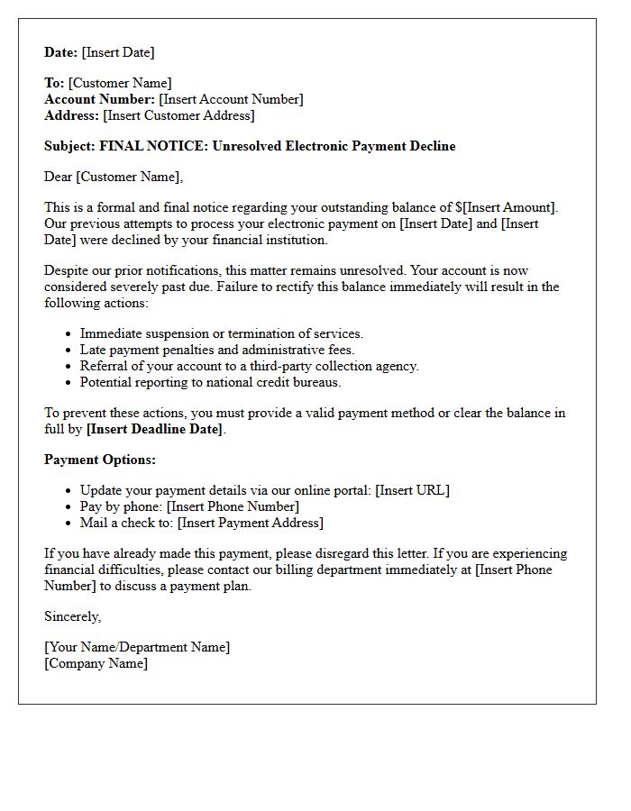 Final Warning Letter for Unresolved Electronic Payment Decline
