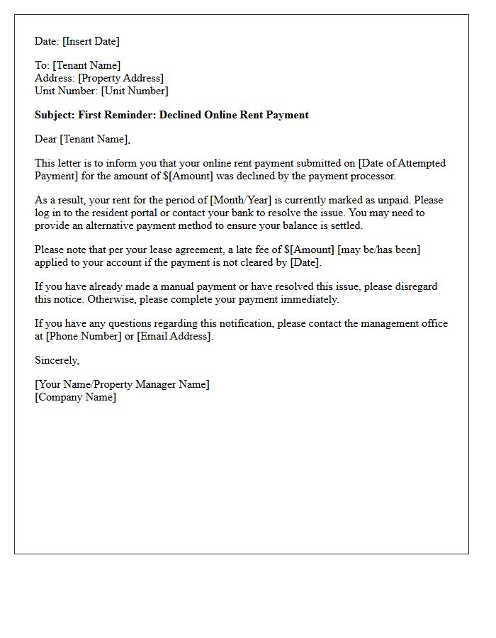 First Reminder Letter for Declined Online Rent Transaction