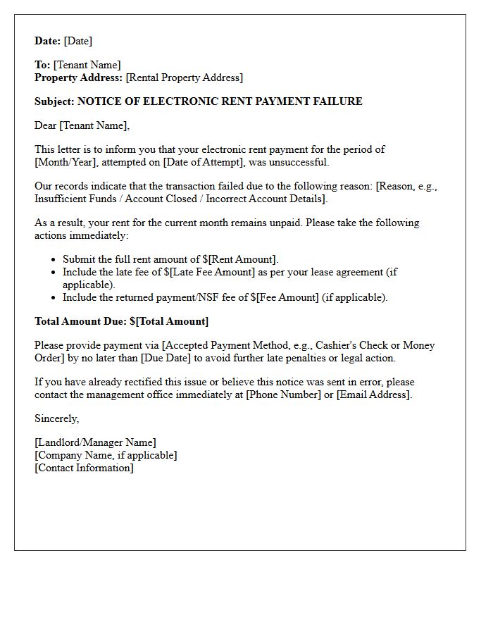 Initial Notice of Electronic Rent Payment Failure Letter