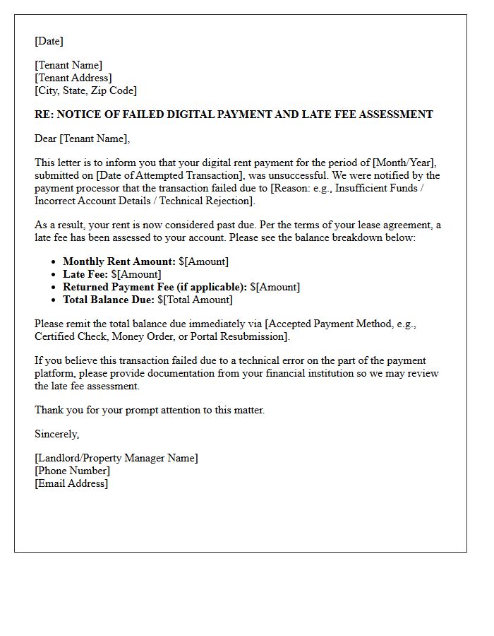 Late Fee Assessment Letter for Failed Digital Rent Transaction