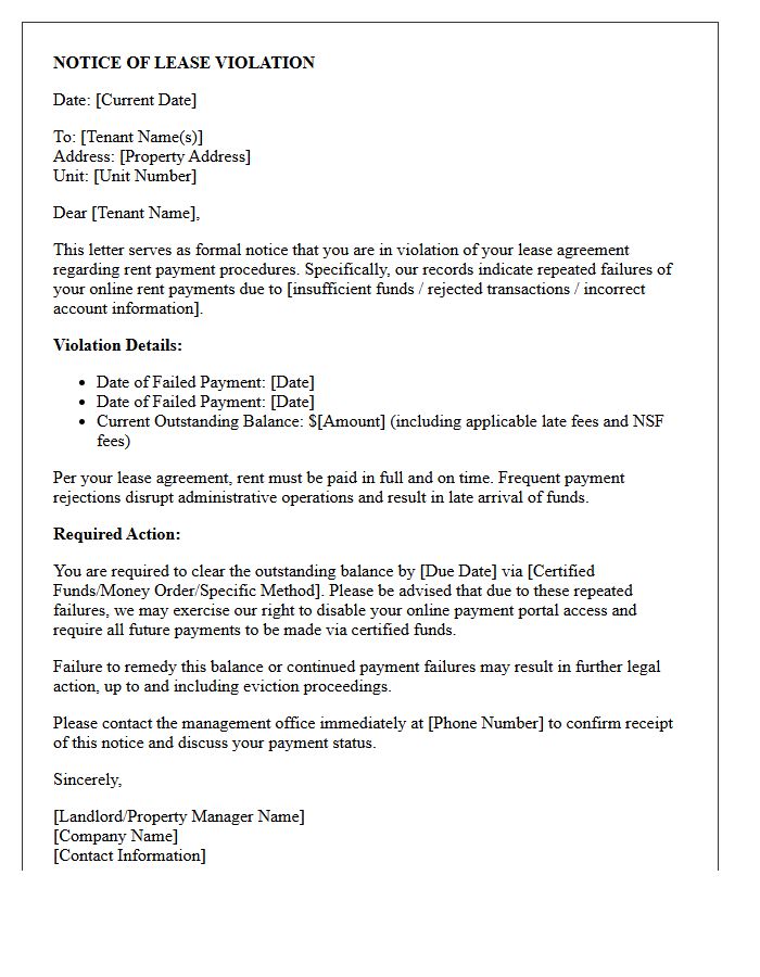 Lease Violation Letter for Repeated Online Payment Failures