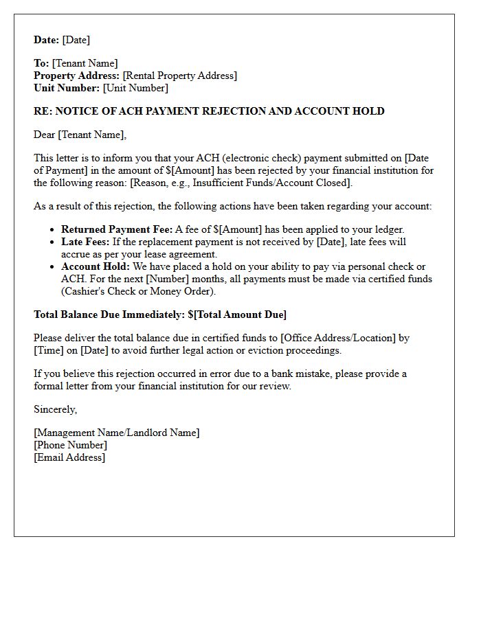 Notice of ACH Rejection and Tenant Account Hold Letter