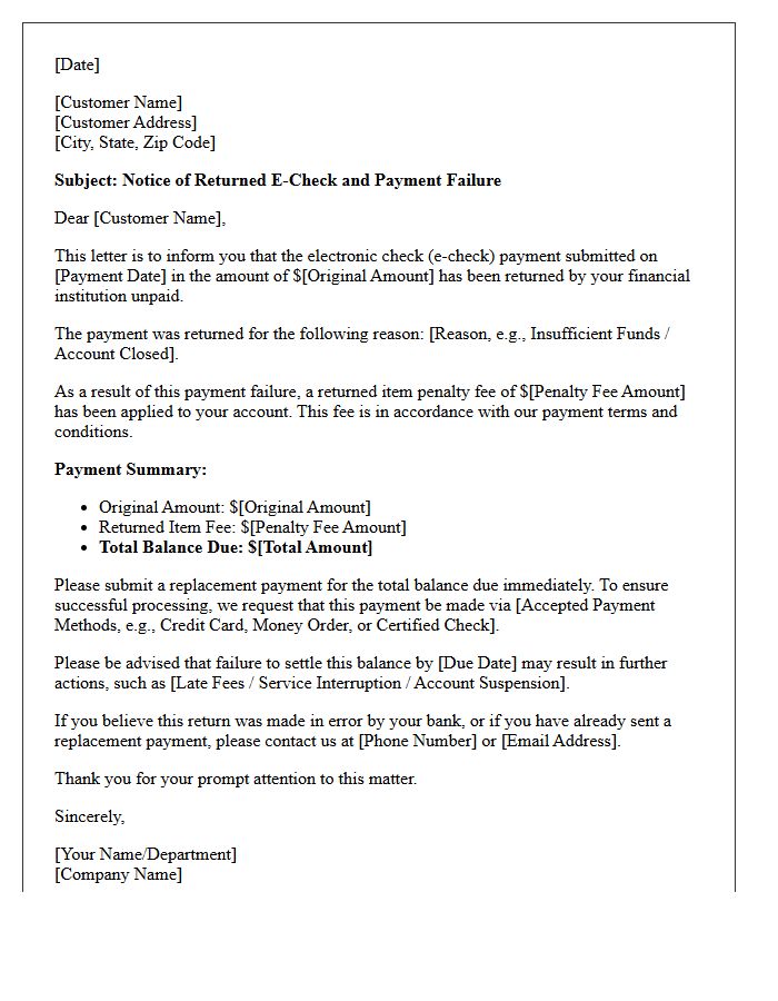 Returned E-Check Penalty and Payment Failure Letter