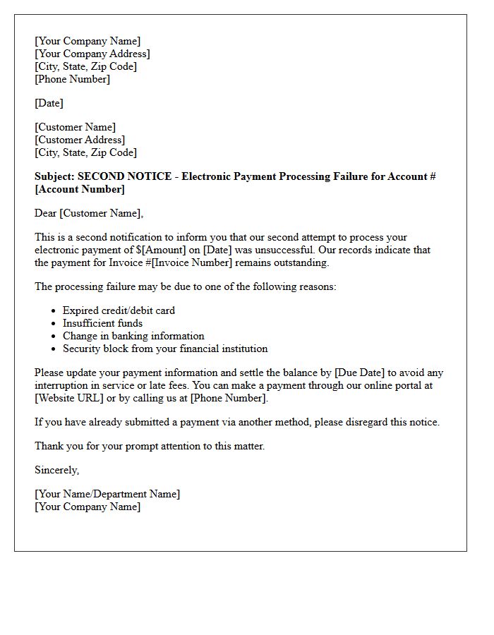 Second Attempt Electronic Payment Processing Failure Letter