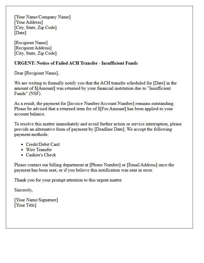 Urgent Letter Regarding Insufficient Funds for ACH Transfer