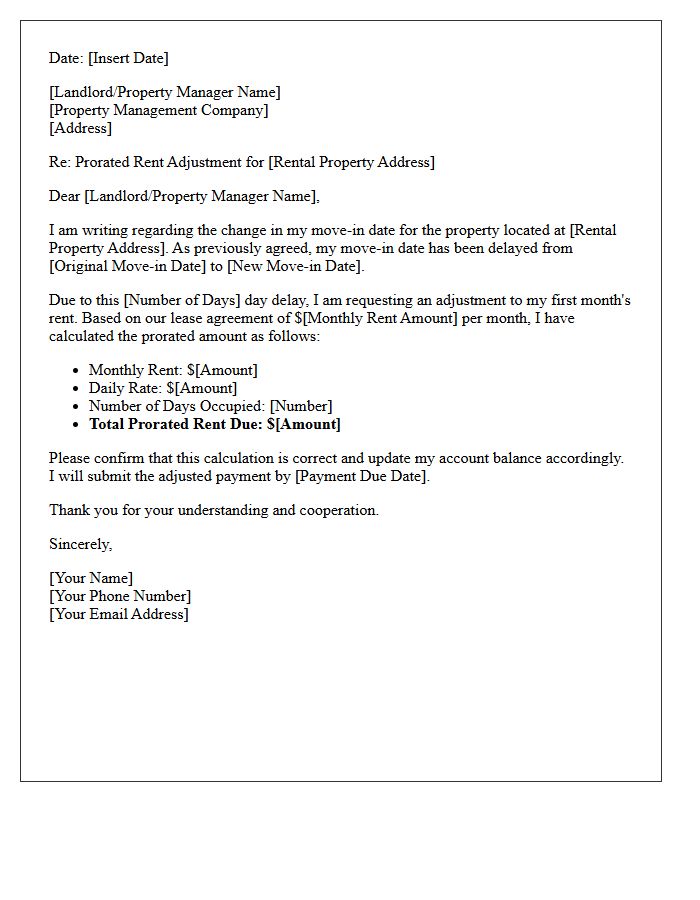 Delayed Move-In Prorated Rent Adjustment Letter