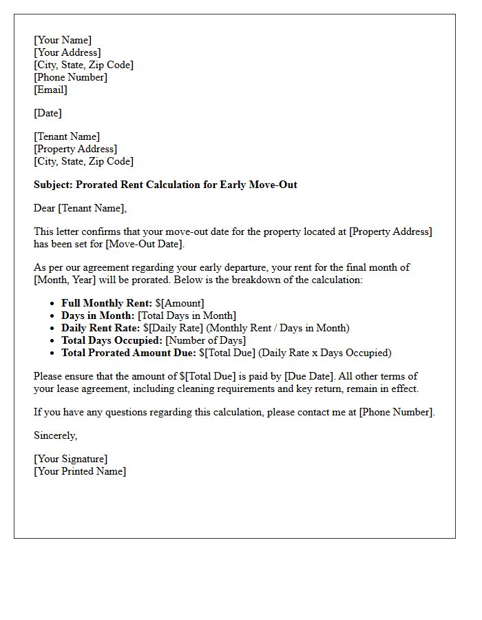 Early Move-Out Prorated Rent Calculation Letter