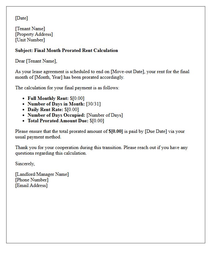 Final Month Prorated Rent Calculation Letter