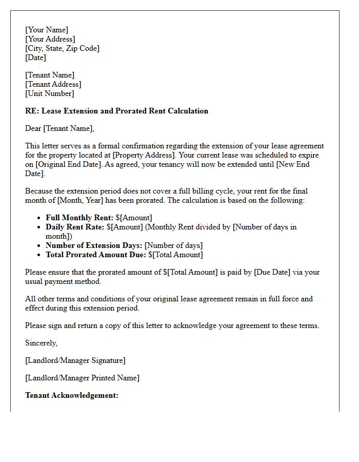 Lease Extension Prorated Rent Calculation Letter