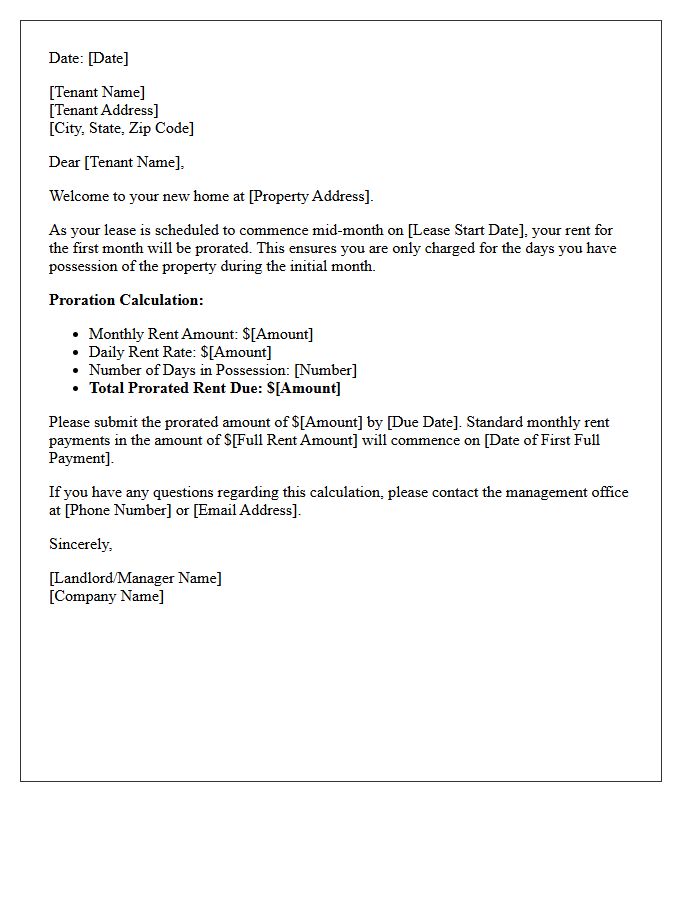 Mid-Month Lease Commencement Prorated Rent Letter