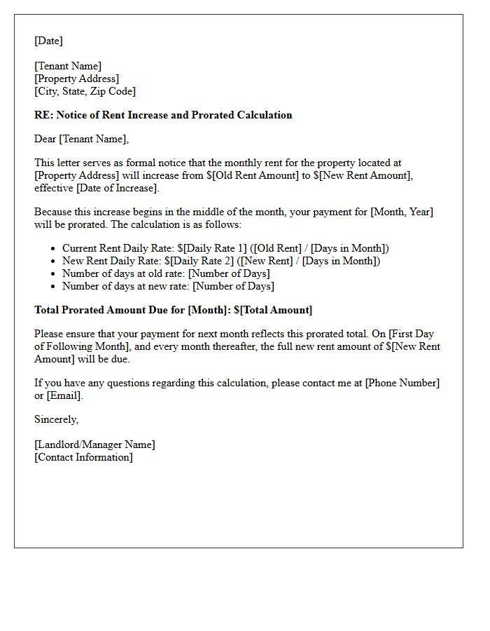 Mid-Month Rent Increase Prorated Calculation Letter