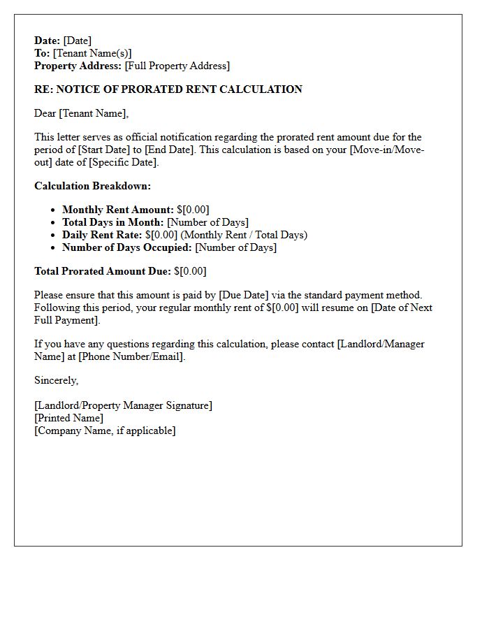 Official Prorated Rent Calculation Notice Letter