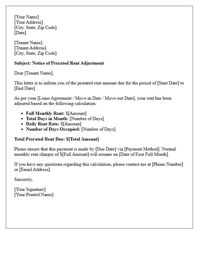 Partial Month Prorated Rent Adjustment Letter