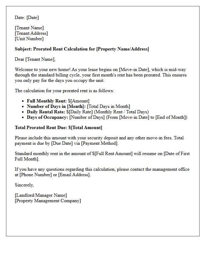 Prorated Rent Calculation Letter for New Tenants
