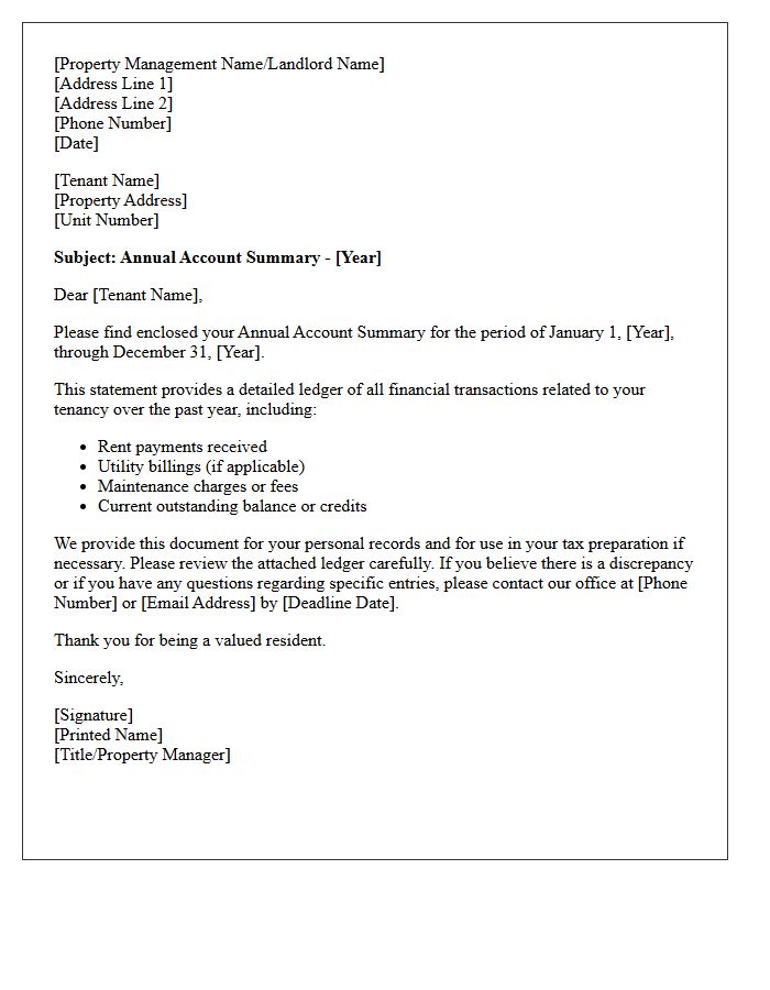 Annual Account Summary Tenant Ledger Statement Cover Letter