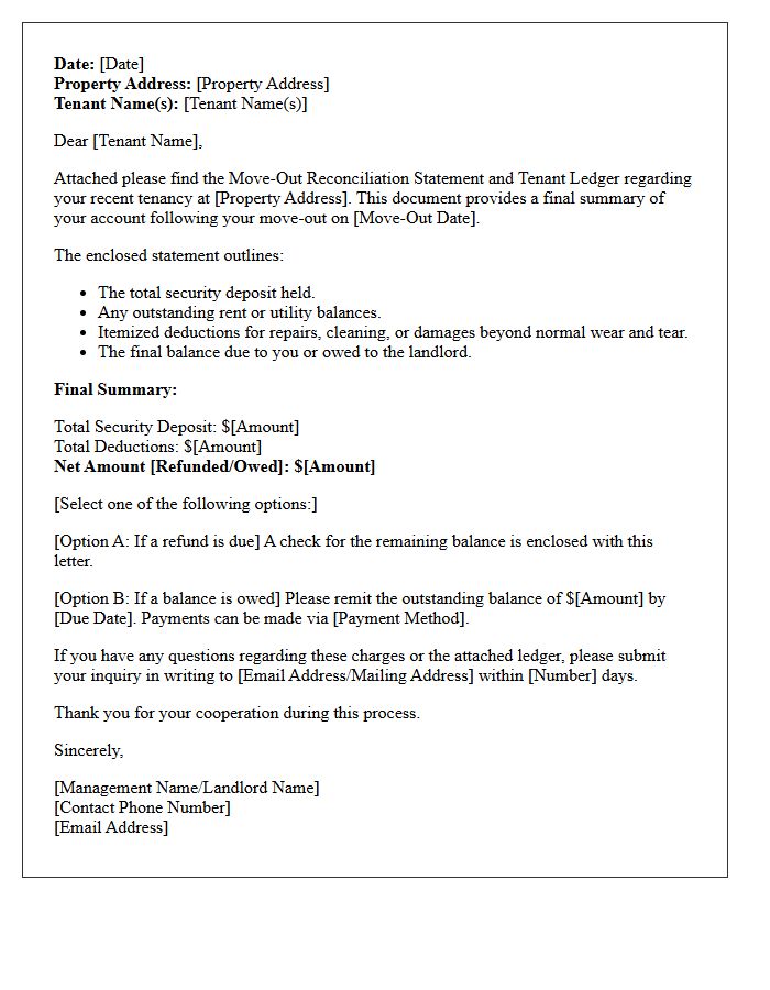 Move-Out Reconciliation Tenant Ledger Statement Cover Letter