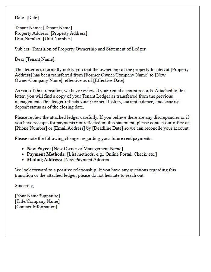 Property Ownership Transition Tenant Ledger Cover Letter