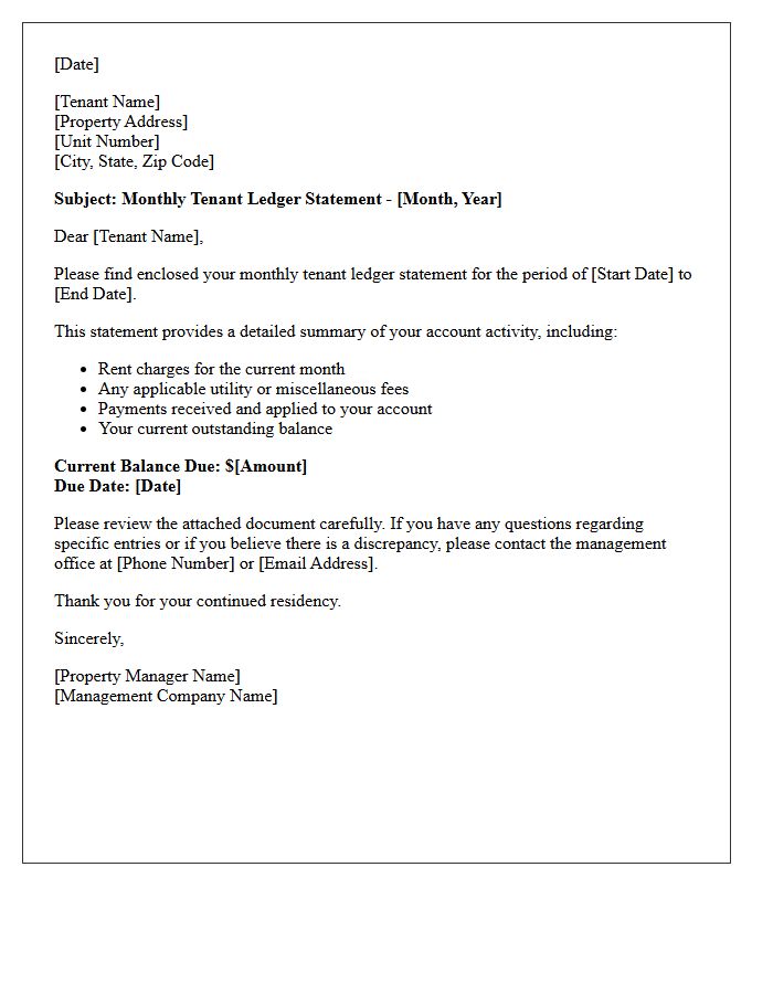 Routine Monthly Tenant Ledger Statement Cover Letter