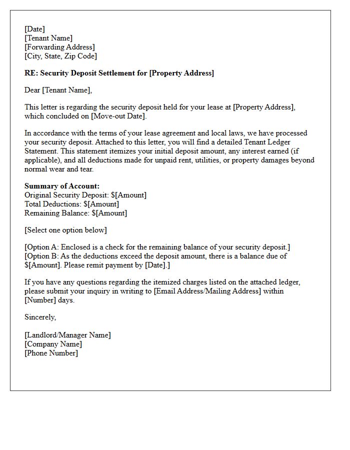 Security Deposit Deduction Tenant Ledger Statement Cover Letter