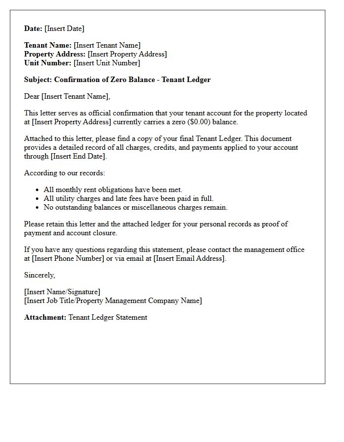 Zero Balance Confirmation Tenant Ledger Cover Letter