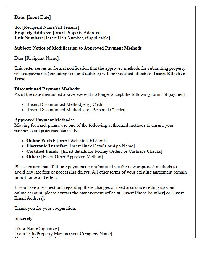Modification to Approved Property Payment Methods Letter