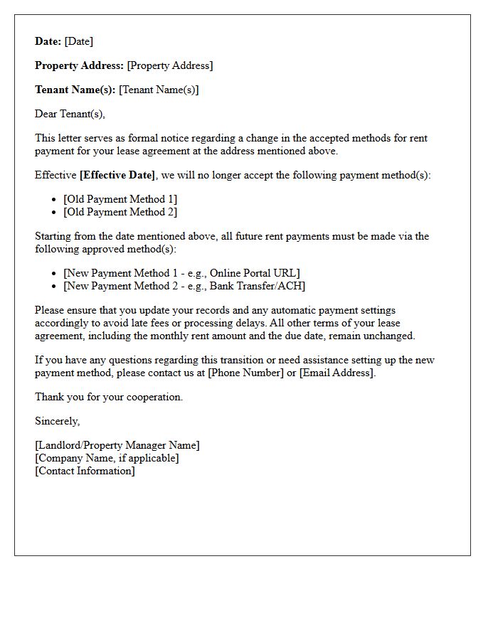 Notice of Change in Accepted Rent Payment Methods Letter