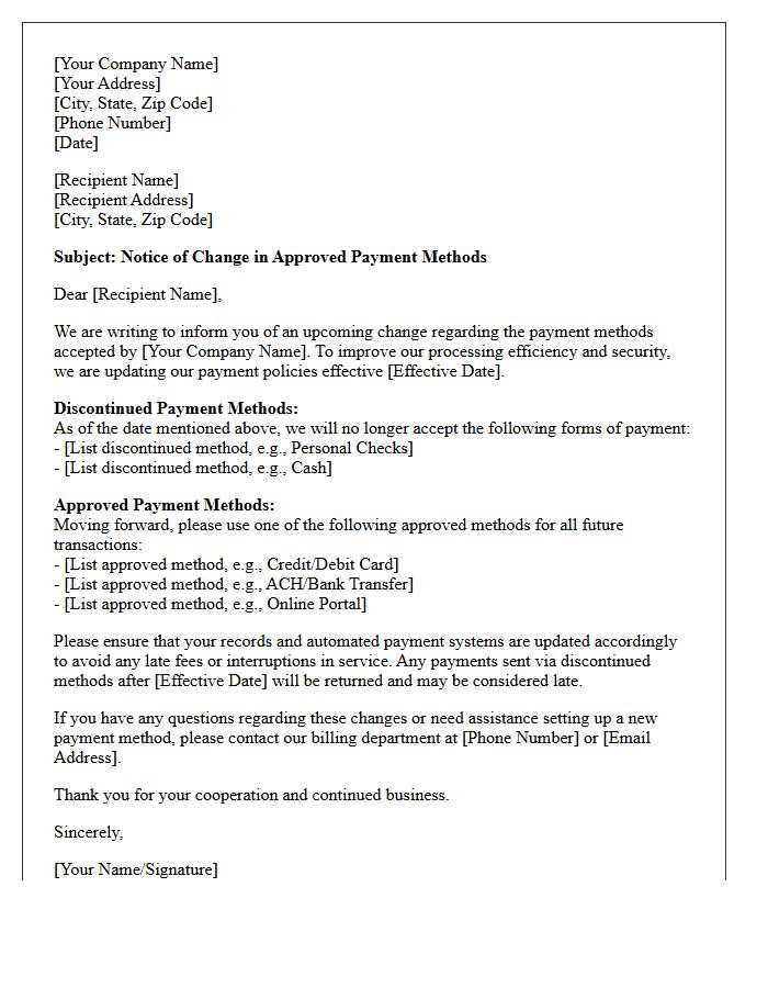 Notice of Change in Approved Payment Methods Letter