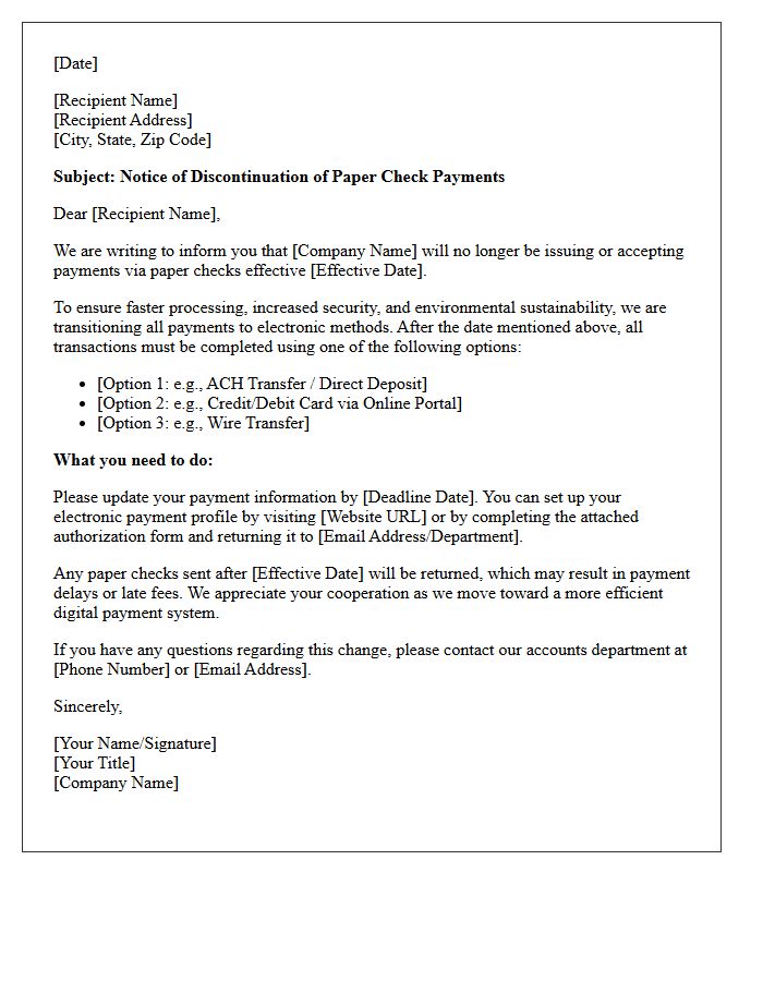 Notice of Discontinuation of Paper Check Payments Letter