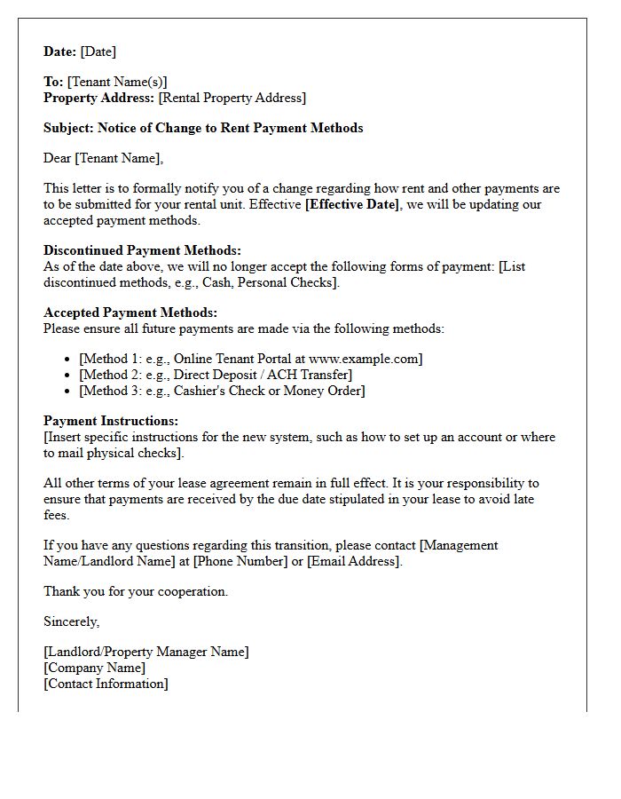 Tenant Notification of Payment Methods Revision Letter