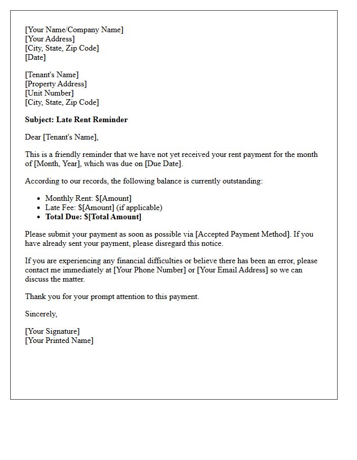 First Late Rent Reminder Letter to Tenant