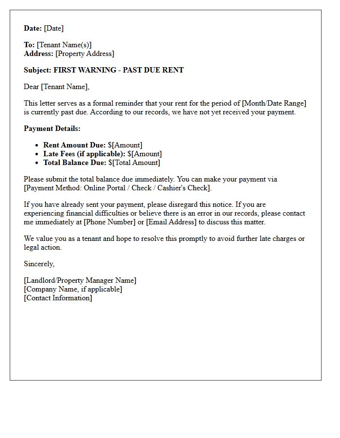 First Warning Letter for Past Due Rent