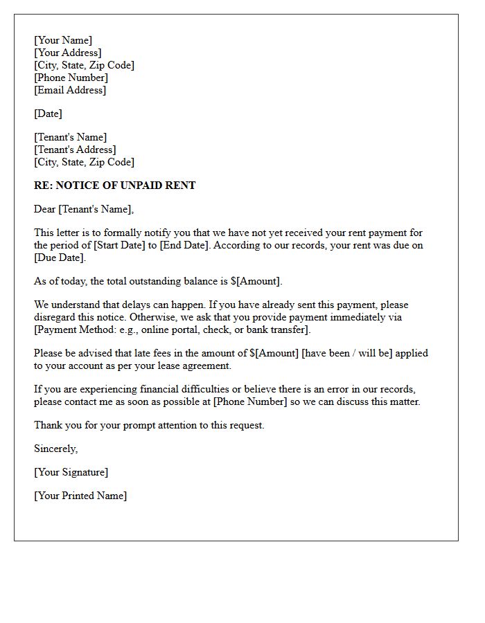 Letter of Initial Notice for Outstanding Rent